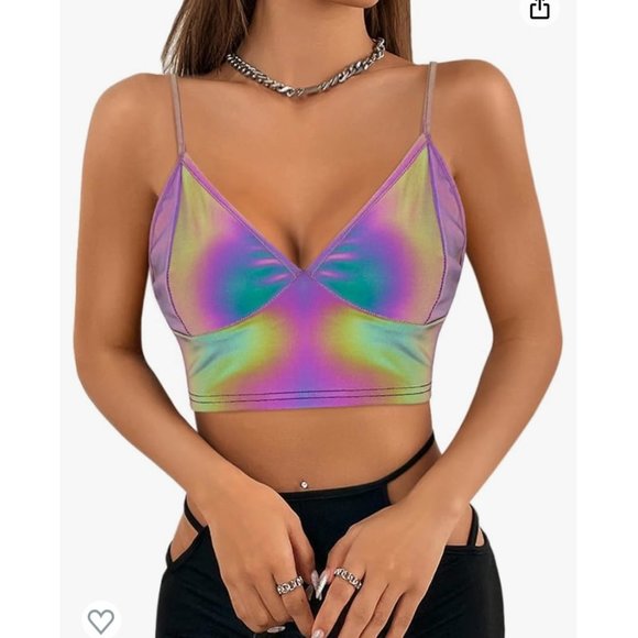 Vimoisa Women Reflective Metallic Tank Top Bustier Spaghetti Strap Crop Top Tigh - Picture 1 of 6